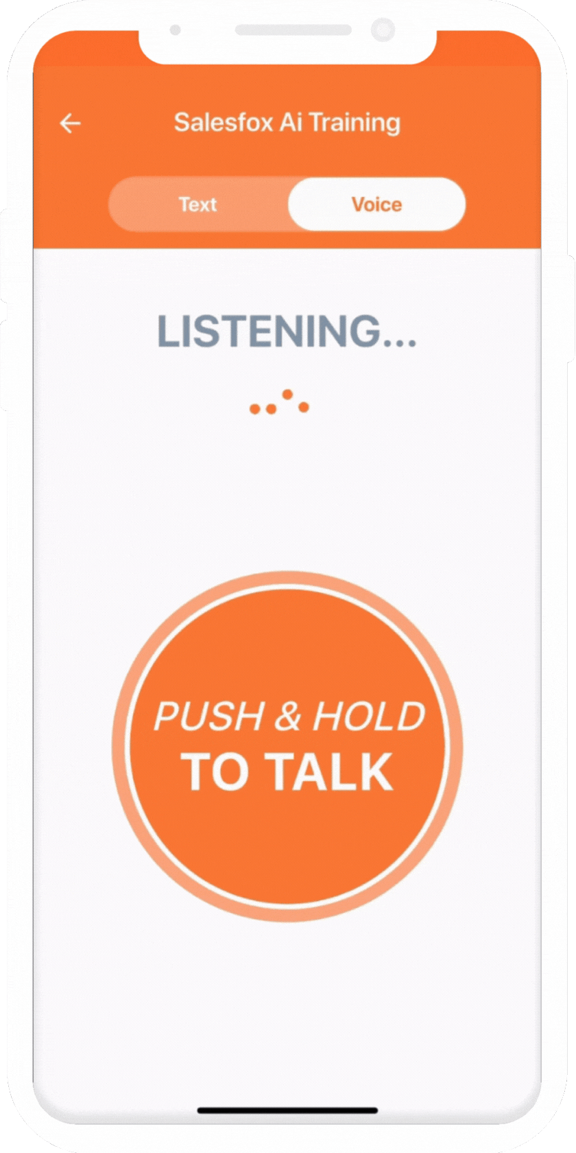 SalesFox mobile app: push-and-hold voice practice with an AI sales trainer