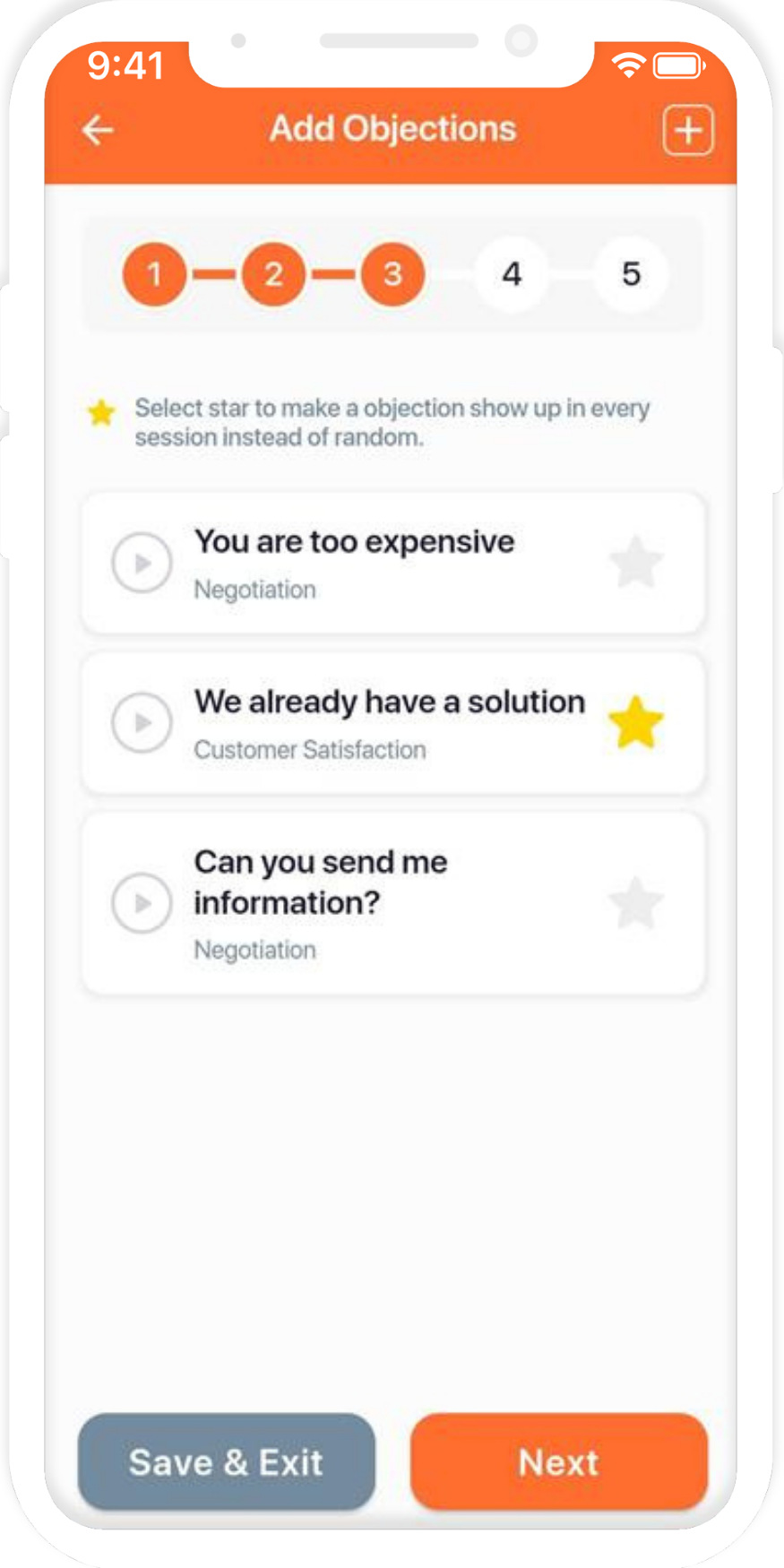 SalesFox Add Objections screen: select and pin objections for training sessions